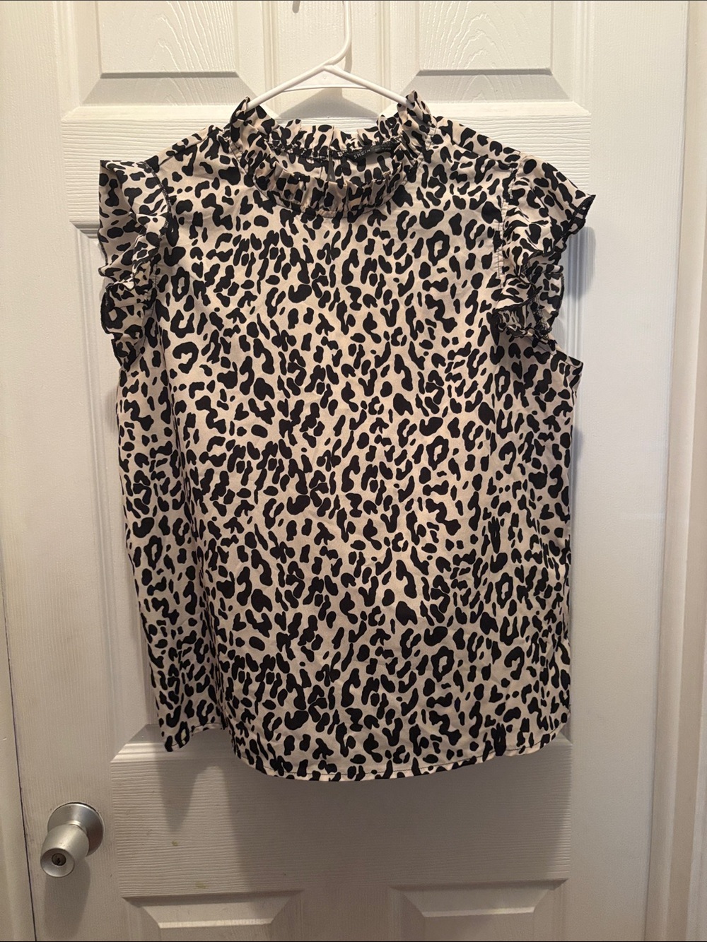 SHEIN Black and Cream Leopard Print Ruffle Mock Neck Top